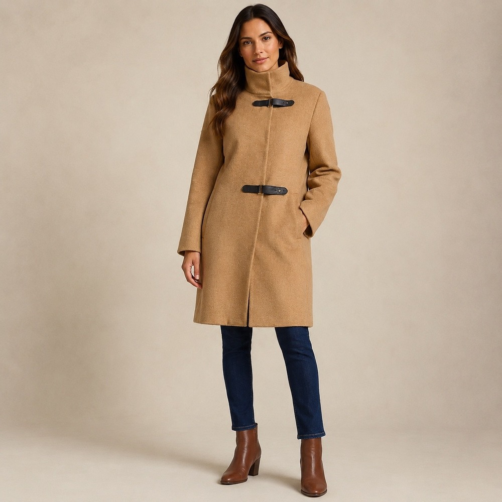 Lauren Ralph Lauren Overcoat Women 16 Camel Wool Blend Funnel Neck Toggle Luxury